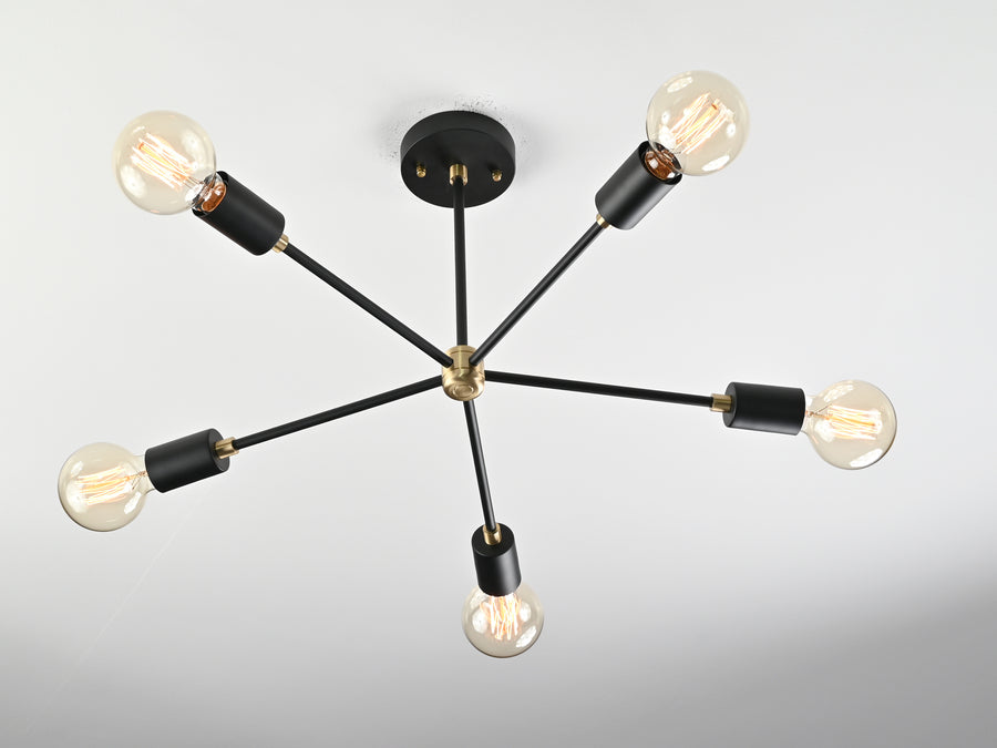 Industrial 6-Light Black & Brass Sputnik Chandelier – Vintage Ceiling Fixture with Edison Bulbs - 32177