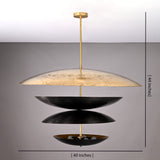 Dimension view of 10-light brass layered disc chandelier measuring 40 inches wide and 44 inches tall with sculptural tiered bowl design.