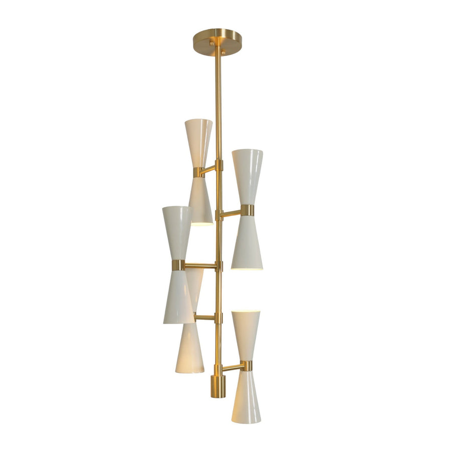 10-Light Vertical Brass Chandelier with Double Cone Shades | Modern Mid-Century Pendant by Brass Leaf Studio