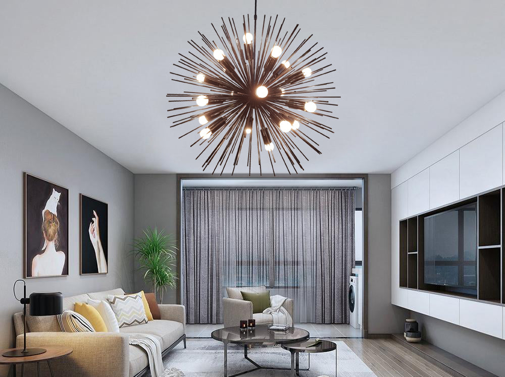 Dramatic Starburst Sputnik Chandelier – Mid-Century Modern Pendant with Radiating Rods and Exposed Bulbs - 32136