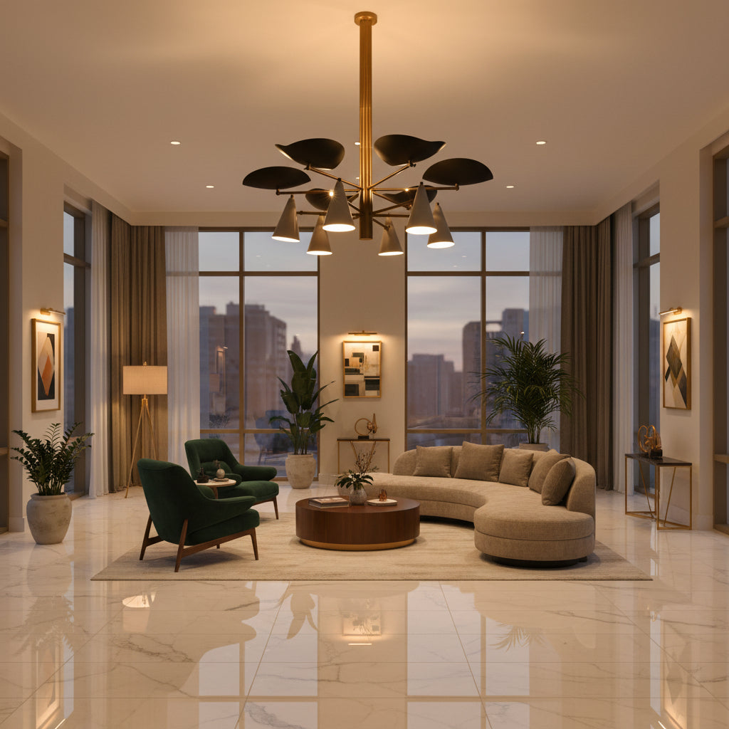 12-light brass mid century chandelier with sculptural arms, enamel painted shades, and elegant ceiling mounted design