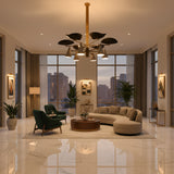 12-light brass mid century chandelier with sculptural arms, enamel painted shades, and elegant ceiling mounted design