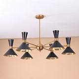 Front view of 12-light mid-century brass and black cone chandelier with brushed brass body and dual-cone shades by Brass Leaf Studio.