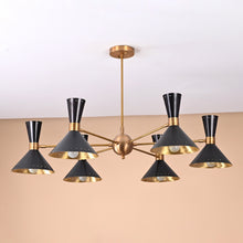 Front view of 12-light mid-century brass and black cone chandelier with brushed brass body and dual-cone shades by Brass Leaf Studio.