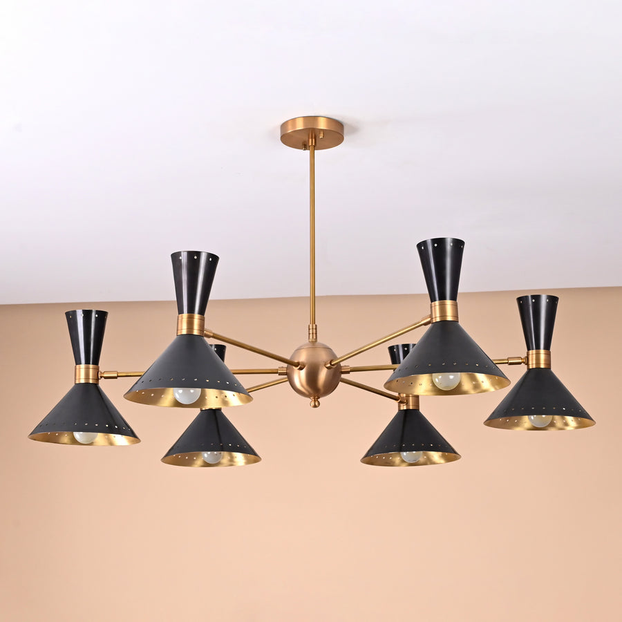 Front view of 12-light mid-century brass and black cone chandelier with brushed brass body and dual-cone shades by Brass Leaf Studio.
