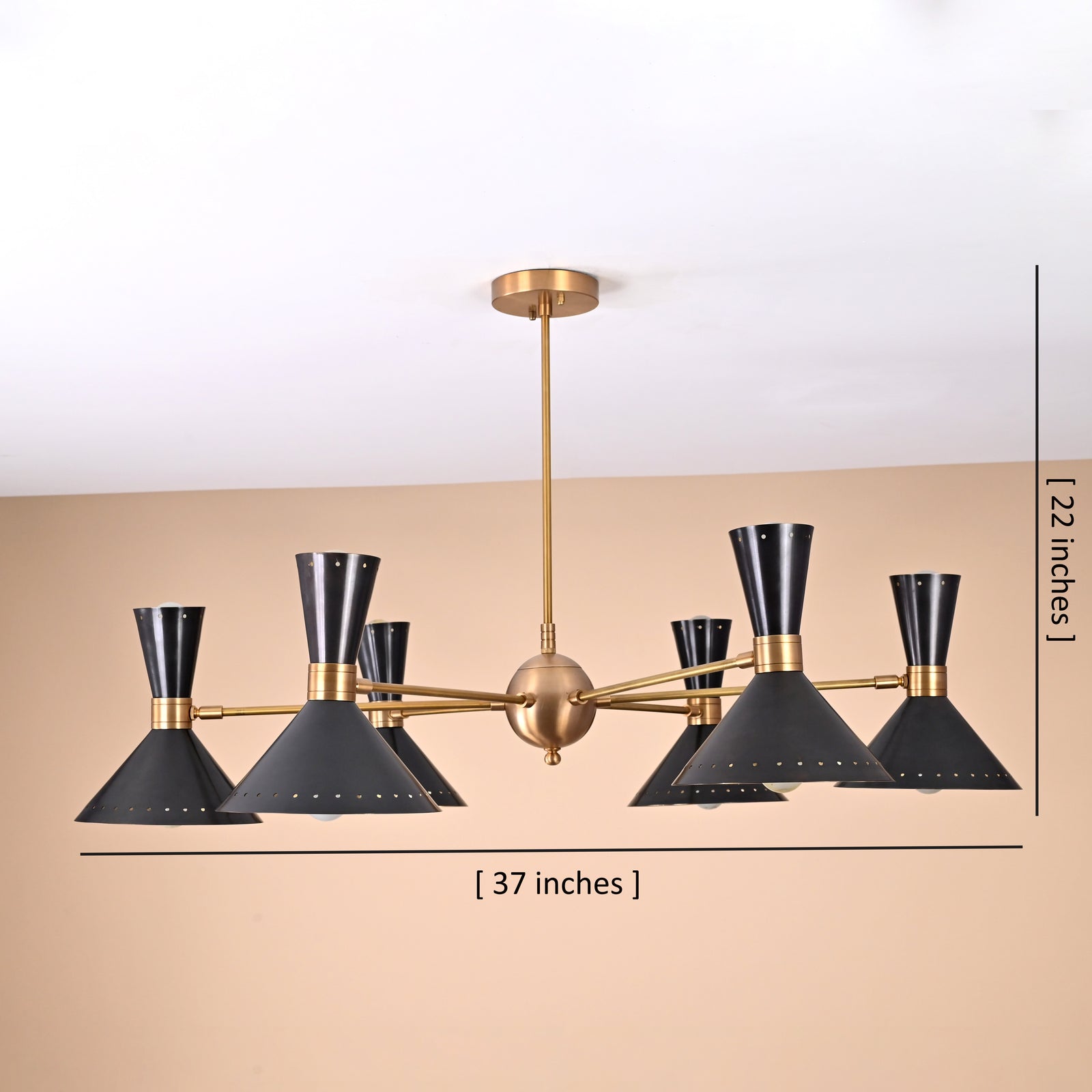 Size guide for Mid-Century 12-Light Brass & Black Cone Chandelier – Handmade Solid Brass Modern Ceiling Light by Brass Leaf Studio 32450