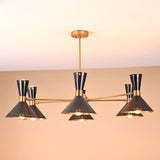 Side view of modern 12-light brass and black cone chandelier featuring dual-cone shades and mid-century design by Brass Leaf Studio.