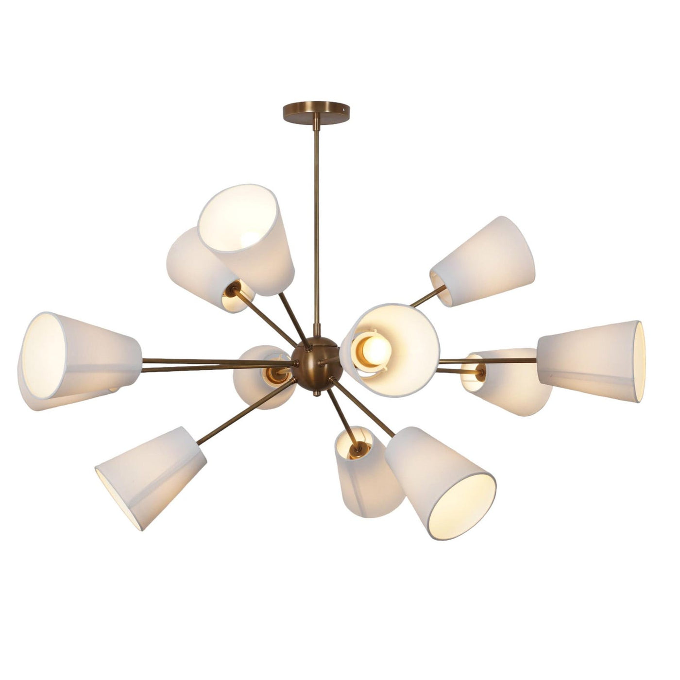12 Linen Shade Brass Chandelier in brushed brass finish with linen cone shades – front angled view by Brass Leaf Studio