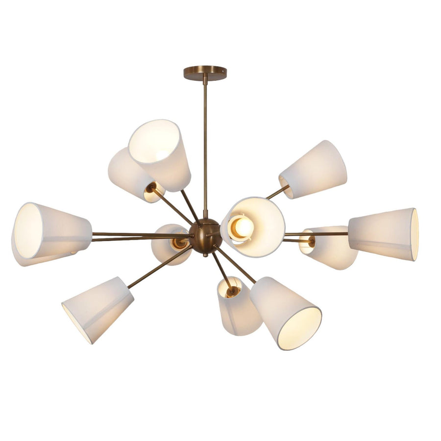 12 Linen Shade Brass Chandelier in brushed brass finish with linen cone shades – front angled view by Brass Leaf Studio