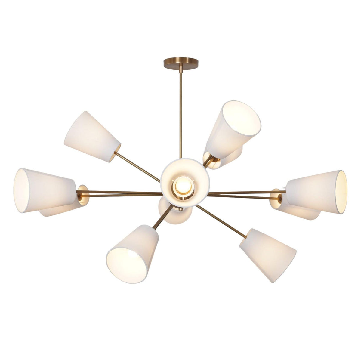 Side view of 12 Linen Shade Brass Chandelier showcasing brass arms and linen cone lampshades – modern ceiling light design