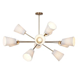 Side view of 12 Linen Shade Brass Chandelier showcasing brass arms and linen cone lampshades – modern ceiling light design