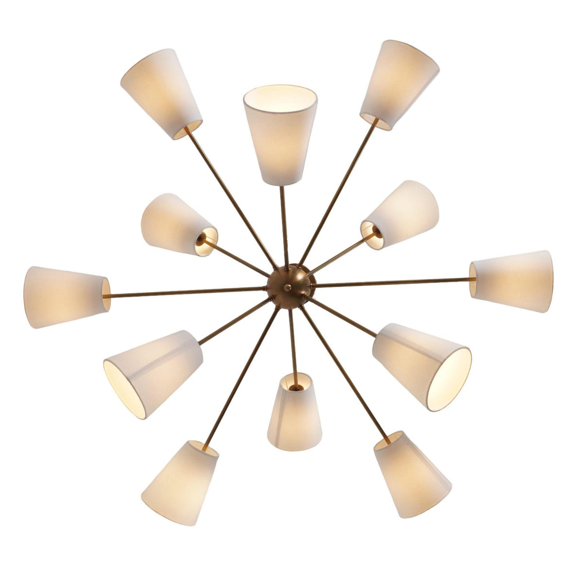 Top view of 12 Linen Shade Brass Chandelier displaying radial arm arrangement and linen shades – modern home ceiling fixture