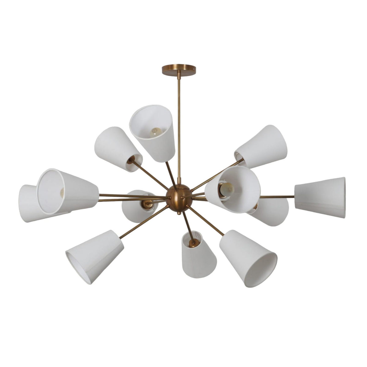12 Linen Shade Brass Chandelier featuring white linen cones and brushed brass frame – handcrafted lighting by Brass Leaf Studio