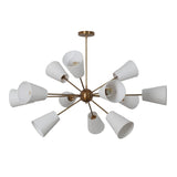 12 Linen Shade Brass Chandelier featuring white linen cones and brushed brass frame – handcrafted lighting by Brass Leaf Studio