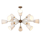Close-up of 12-light brass chandelier with linen cone shades – handmade mid-century modern design by Brass Leaf Studio