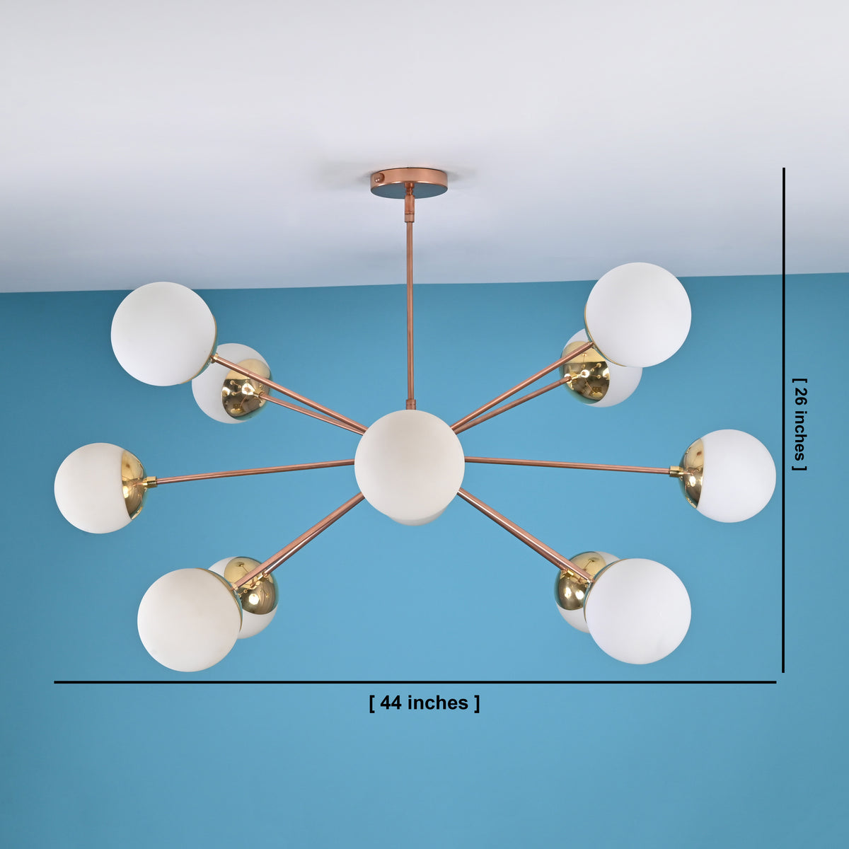 12 opal glass brass chandelier showing 44 inch width and 26 inch height, mid century modern ceiling light proportions