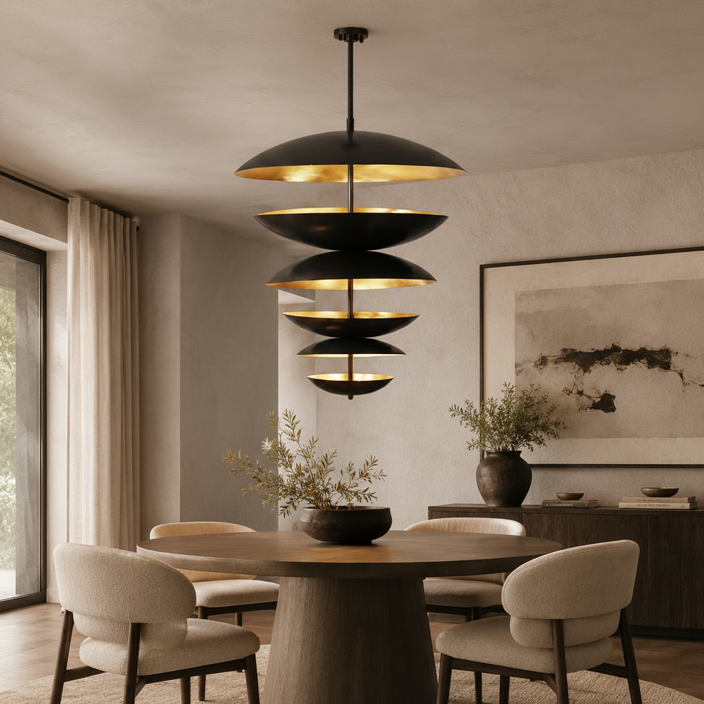13-light solid brass statement chandelier with six dome disc tiers for foyer, dining room, and high ceiling interiors