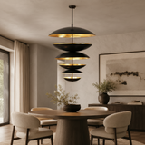 13-light solid brass statement chandelier with six dome disc tiers for foyer, dining room, and high ceiling interiors