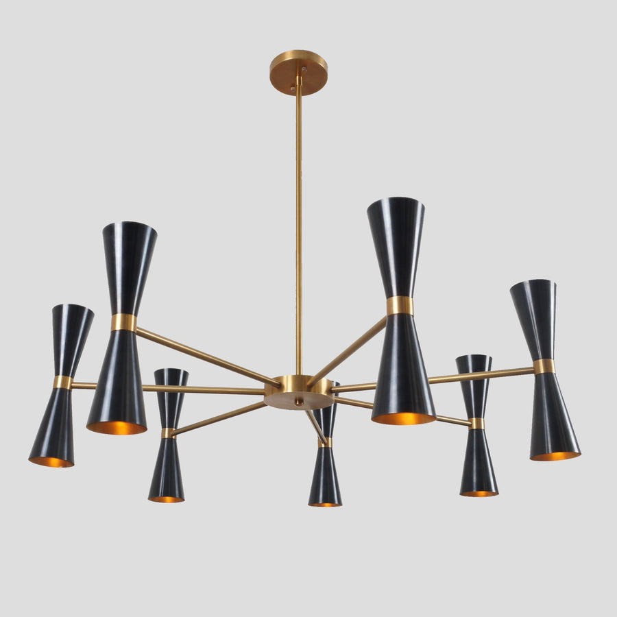 14-Light Black and Brass Double Cone Chandelier | Mid-Century Modern Ceiling Light by Brass Leaf Studio