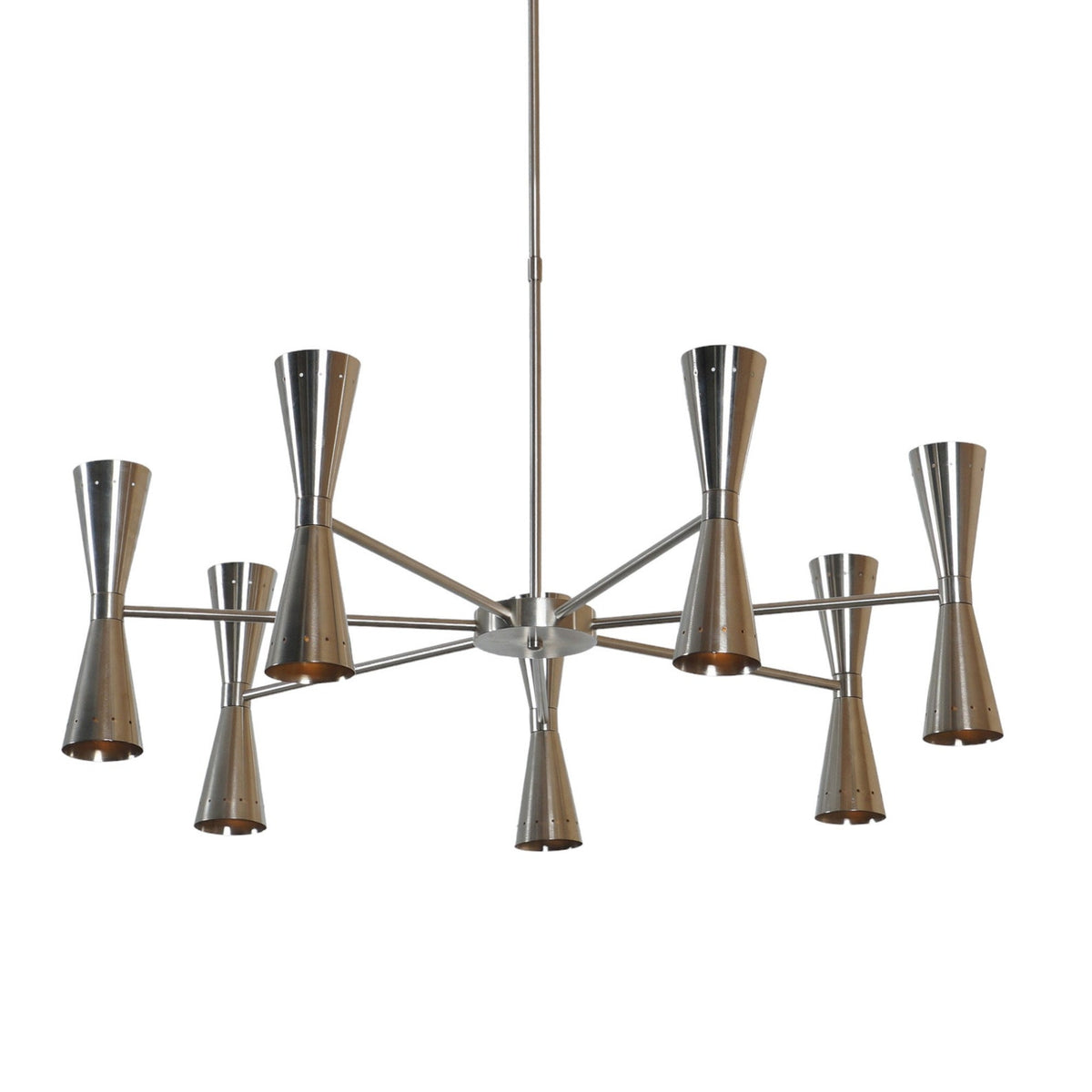 Custom 14-Light Brass Chandelier with Double Cone Shades | Mid-Century Modern Handmade Lighting