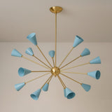 Fifteen light brass Sputnik chandelier featuring cone-shaped blue metal shades and a classic mid-century silhouette