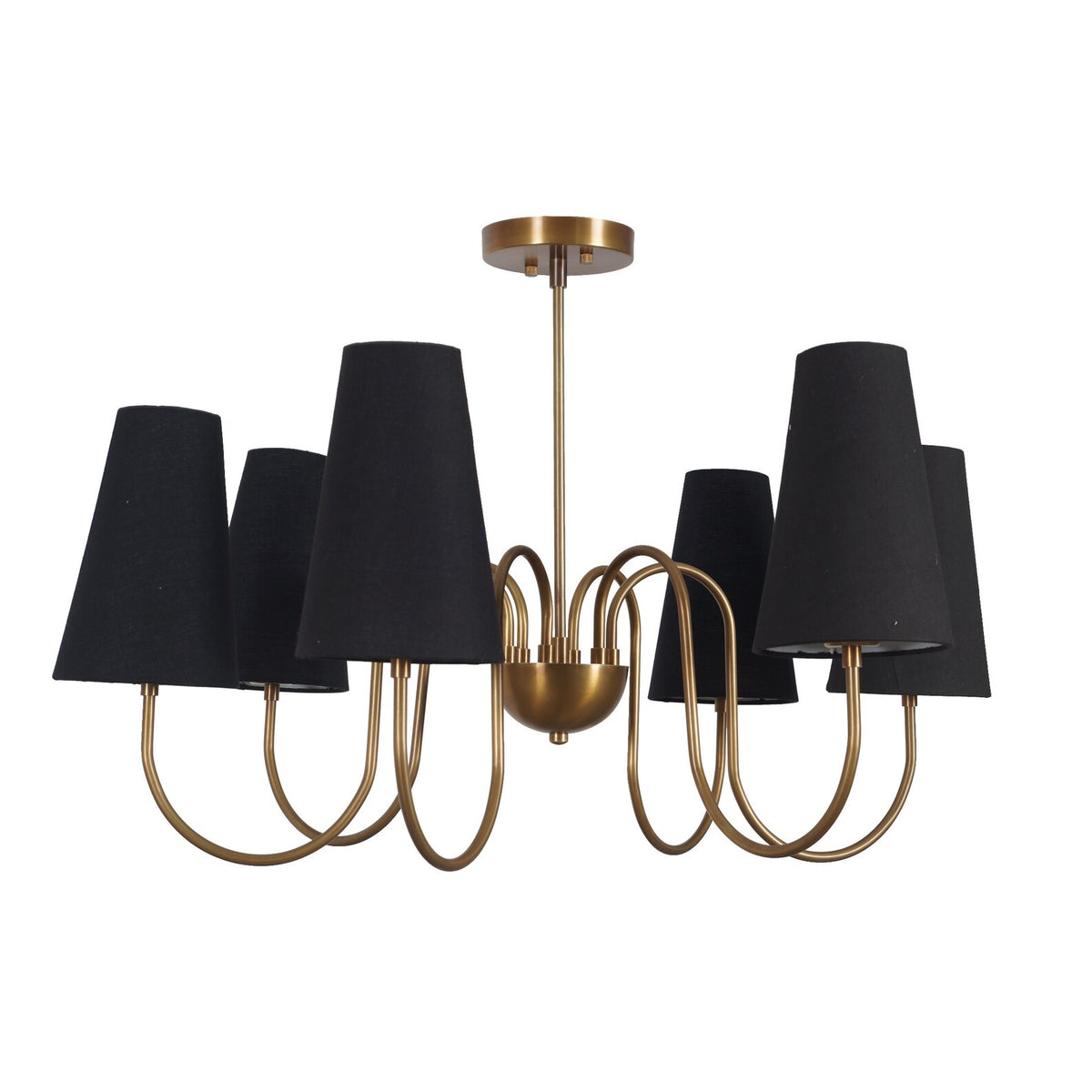 Elegant 6-light modern brass chandelier with matte black conical fabric shades and curved brass arms, handmade for refined ambient lighting in dining or living spaces.
