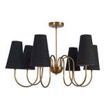 Elegant 6-light modern brass chandelier with matte black conical fabric shades and curved brass arms, handmade for refined ambient lighting in dining or living spaces.