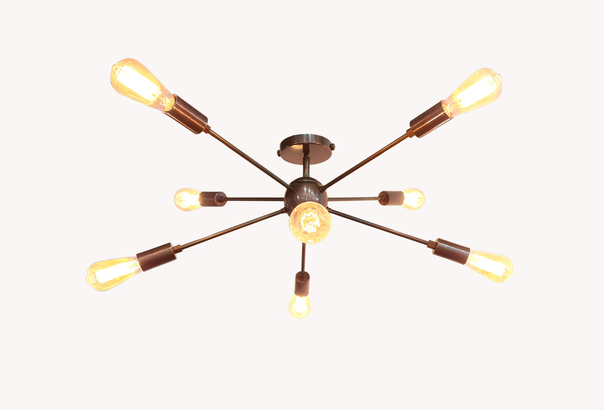 Retro 8-Light Bronze Sputnik Chandelier – Industrial Mid-Century Modern Pendant Ceiling Light with Exposed Filament Bulbs - 32147