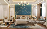 Luxurious mid-century style globe chandelier hanging in a modern bedroom with teal upholstered headboard and neutral decor