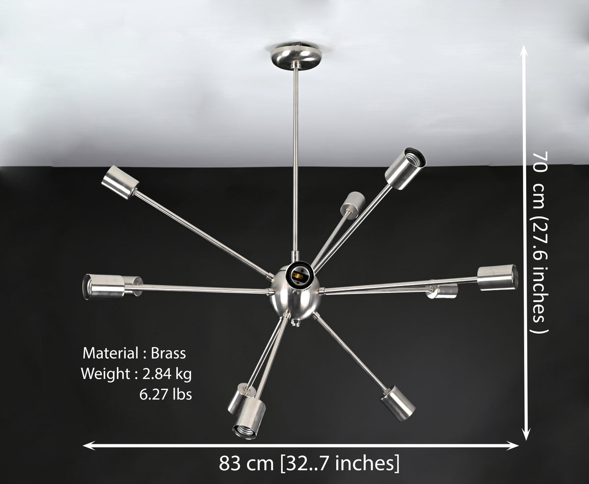Modern 12-Light Brushed Steel Sputnik Chandelier – Minimalist Mid-Century Ceiling Fixture - 32153