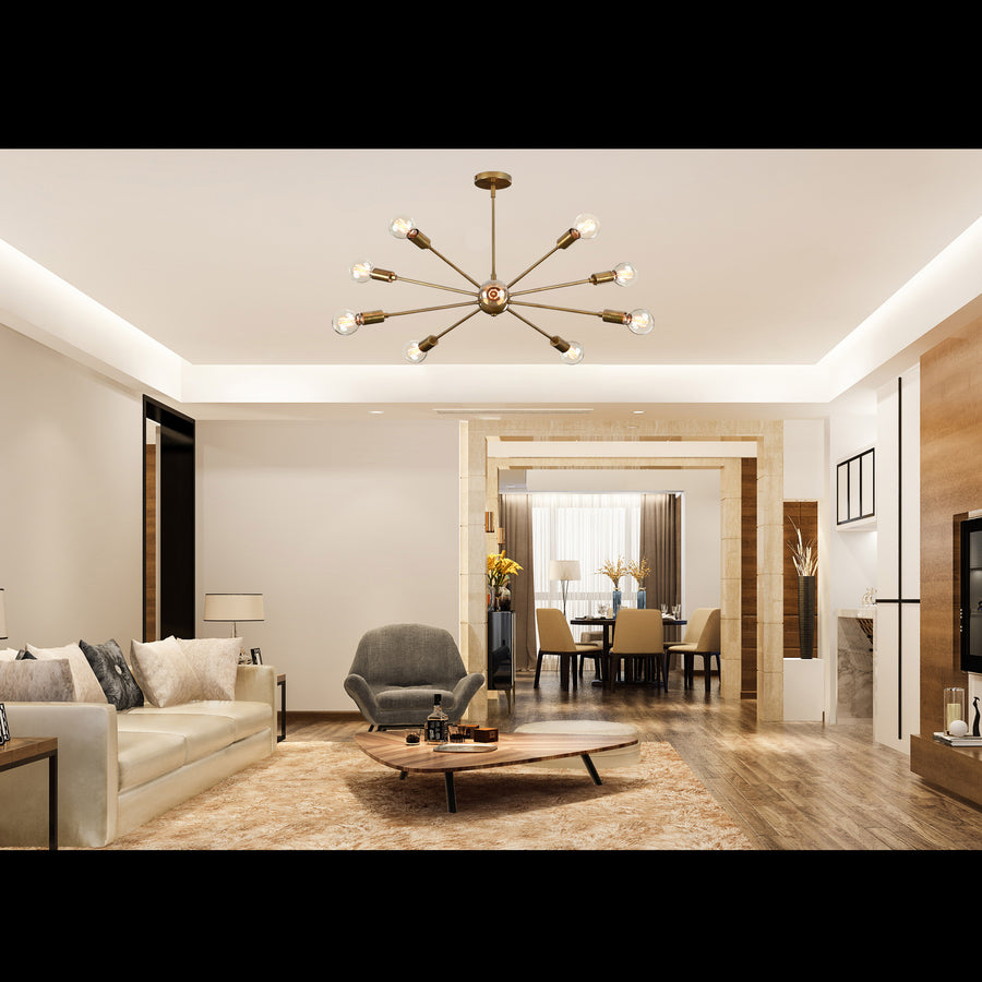 Vintage 8-Light Aged Brass Sputnik Chandelier – Industrial Ceiling Light Fixture - 32161