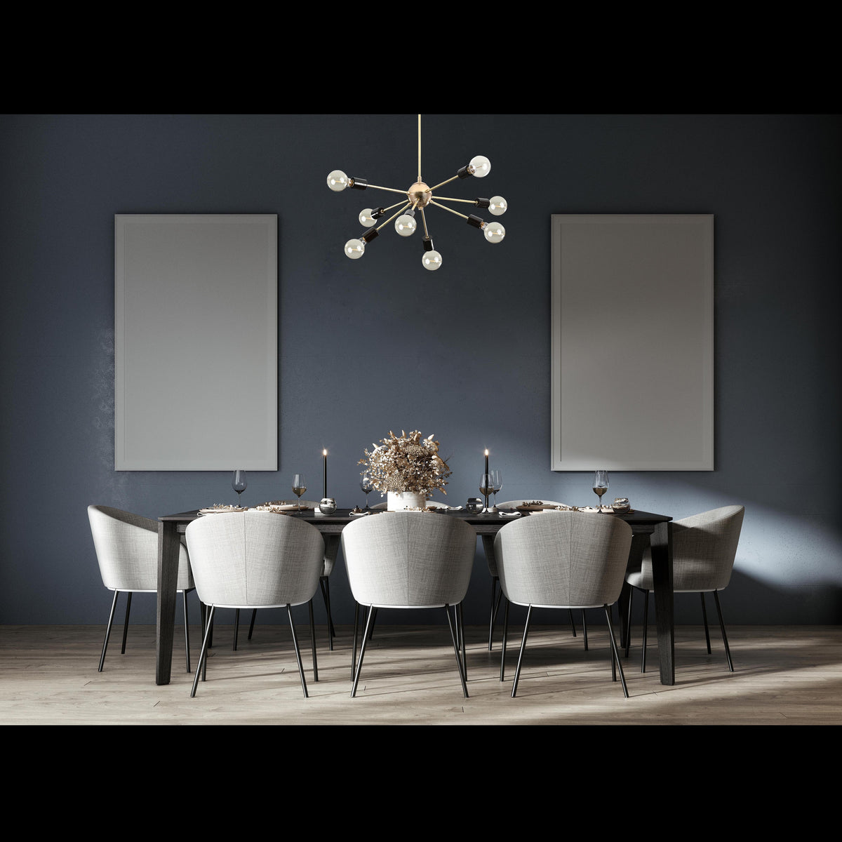 Mid-Century 8-Light Brass & Black Sputnik Chandelier – Modern Minimalist Ceiling Light - 32163