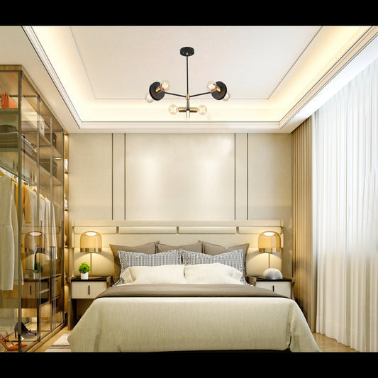 Modern 6-Light Black & Brass Chandelier – Asymmetrical Ceiling Fixture with Dual Globe Heads - 32187
