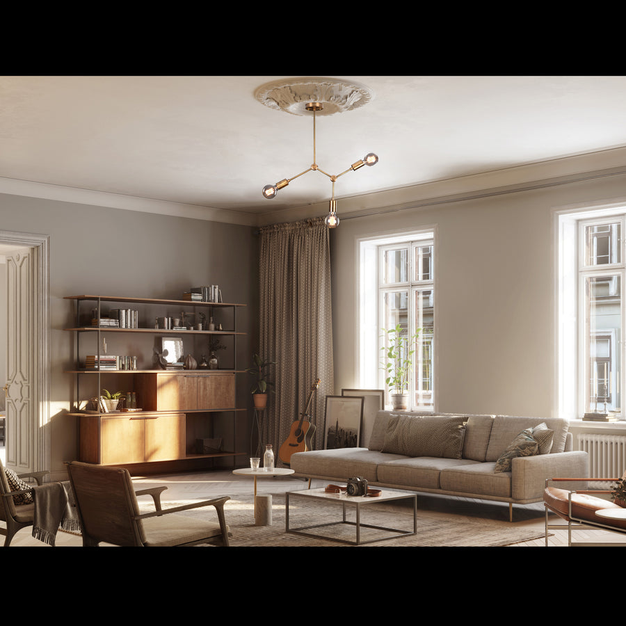 Modern 3-Light Antique Brass Chandelier – Asymmetrical Mid-Century Ceiling Fixture with Exposed Bulbs - 32202