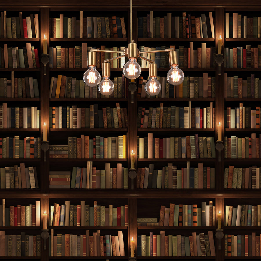 Modern 5-Light Brass Chandelier – Starburst Ceiling Fixture with Exposed Edison Bulbs - 32203