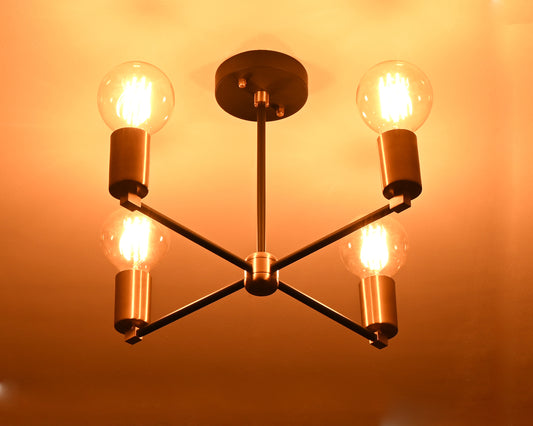 Modern 6-Light Black & Brass Chandelier – Geometric Ceiling Fixture with Gold Cylinder Sockets - 32205