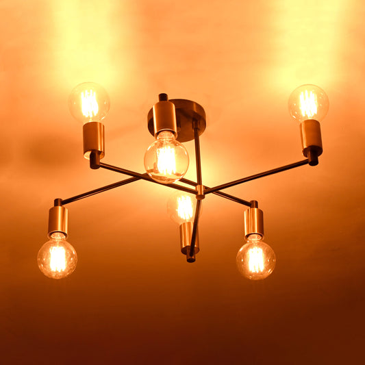 Modern 6-Light Black & Brass Chandelier – Industrial Ceiling Fixture with Crossbar Design - 32208