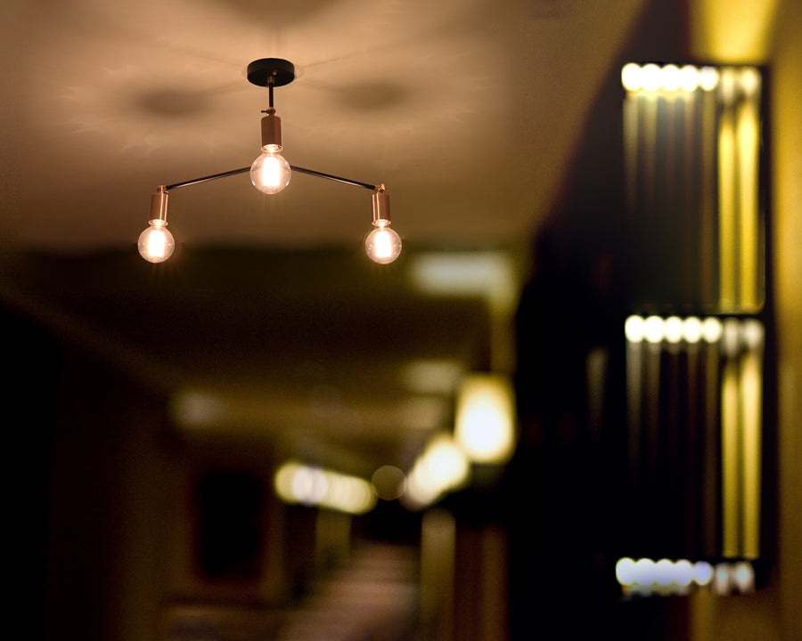 Modern 3-Light Black & Brass Chandelier – Mid-Century Ceiling Fixture with Globe Bulbs - 32209