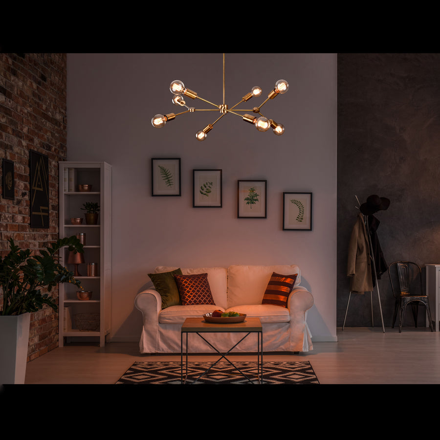 Modern 10-Light Brass Chandelier – Asymmetrical Sputnik Design with Exposed Globe Bulbs - 32211