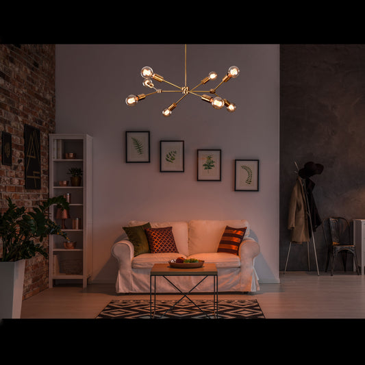 Modern 10-Light Brass Chandelier – Asymmetrical Sputnik Design with Exposed Globe Bulbs - 32211