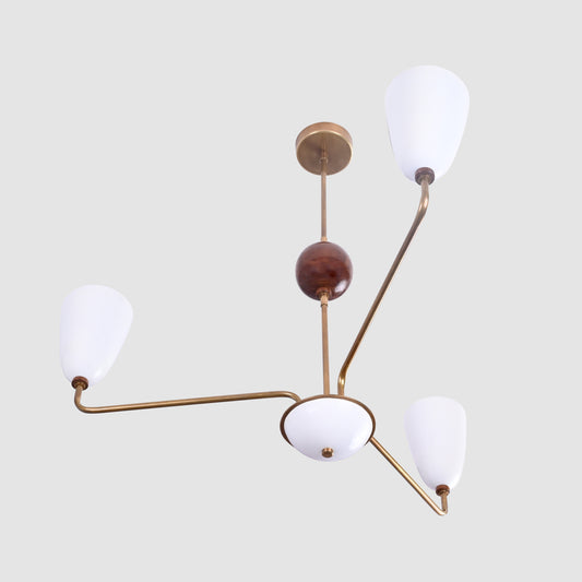 Mid-Century 4-Light Brass & Wood Chandelier – Sculptural Arm Fixture with Opal Glass Shades - 32215