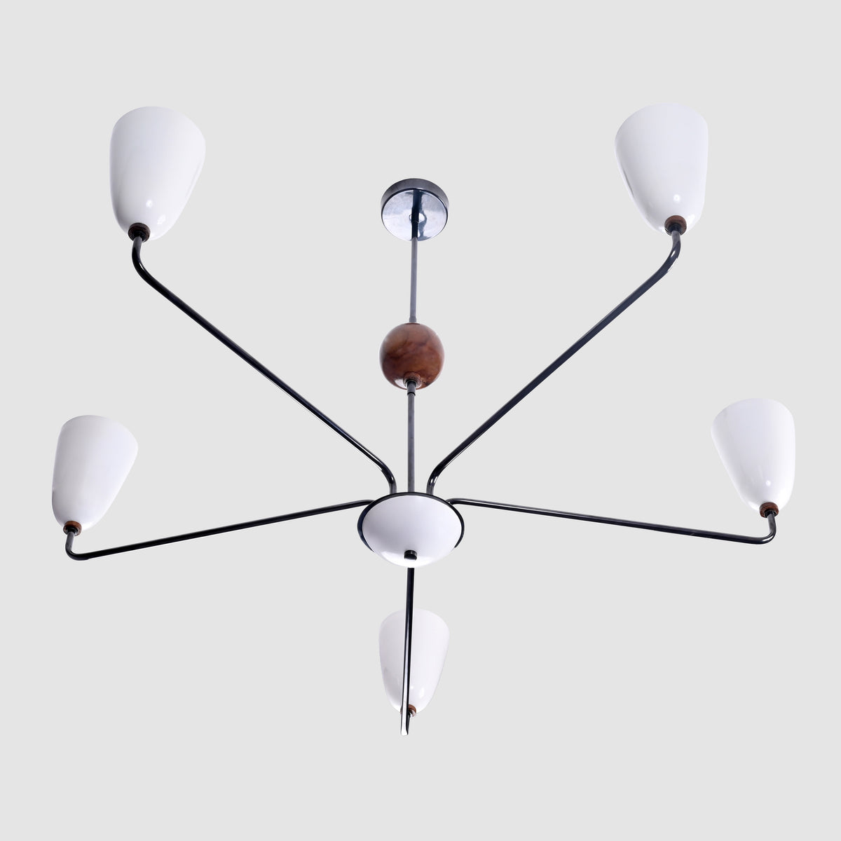 Mid-Century 6-Light Black & Wood Chandelier – Sculptural Arm Fixture with Opal Glass Shades - 32216