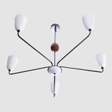Mid-Century 6-Light Black & Wood Chandelier – Sculptural Arm Fixture with Opal Glass Shades - 32216