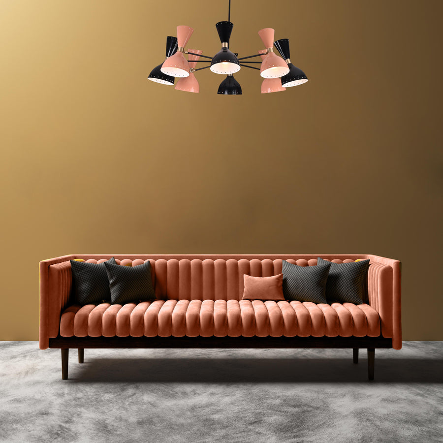 Modern 10-Light Chandelier – Mixed Coral & Black Double Cone Shades with Brass Frame - 32219