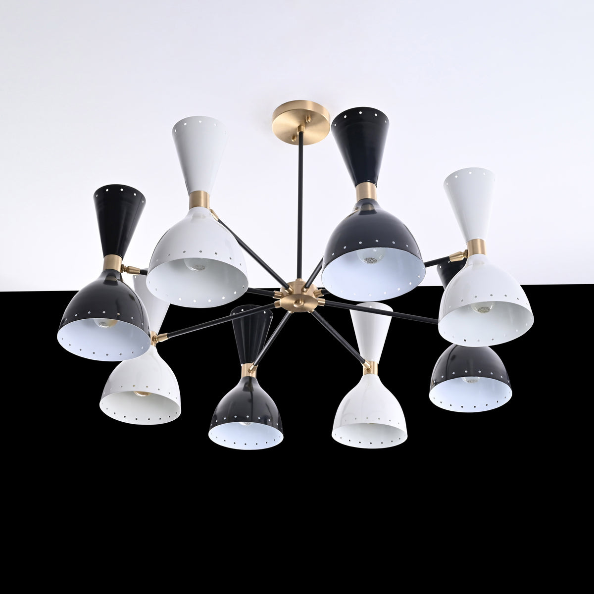 Modern 10-Light Black & White Chandelier – Dual Cone Sputnik Fixture with Brass Accents - 32221