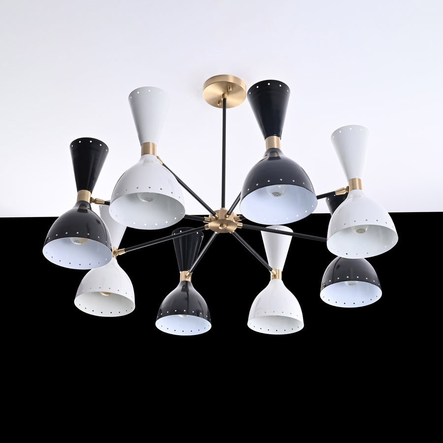 Modern 10-Light Black & White Chandelier – Dual Cone Sputnik Fixture with Brass Accents - 32221