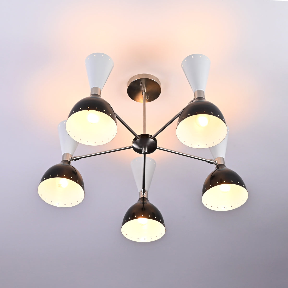 Modern 10-Light Chandelier – Black & White Dual Cone Shades with Brushed Nickel Frame - 32222
