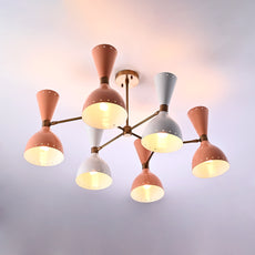 Modern 10-Light Chandelier – Color Blocked Coral, White & Brass Double Cone Ceiling Fixture - 32223