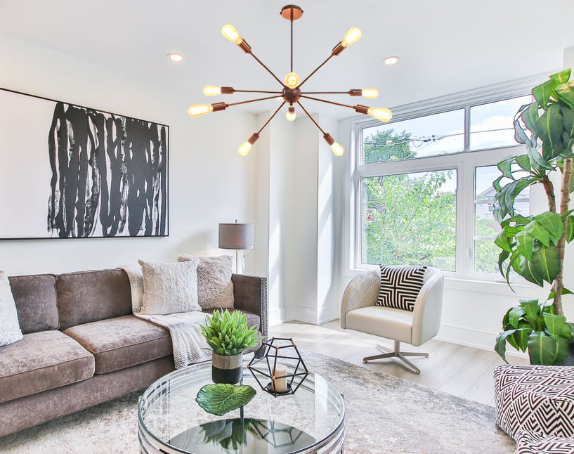 Warm Brass Bare Bulb Sputnik Chandelier – Industrial Mid-Century Modern Ceiling Pendant Light - 32140