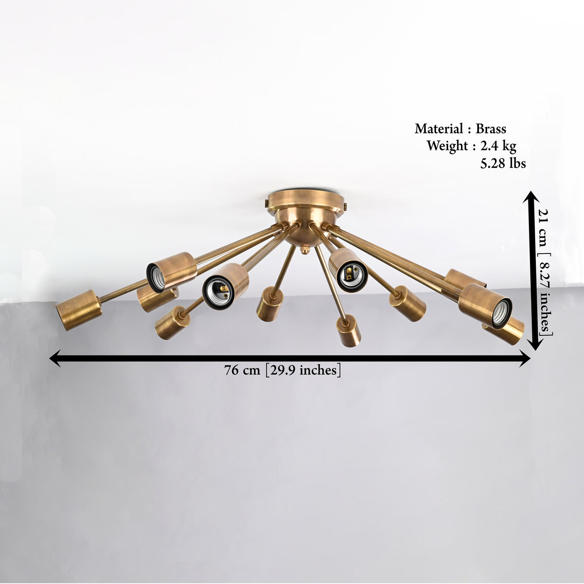 Antique Brass 12-Light Sputnik Chandelier – Industrial Mid-Century Flush Mount Starburst Ceiling Light Base - 32152